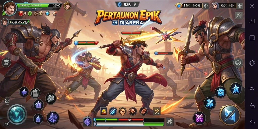 Tampilan pertarungan seru di arena 9ZK dengan karakter yang beragam.