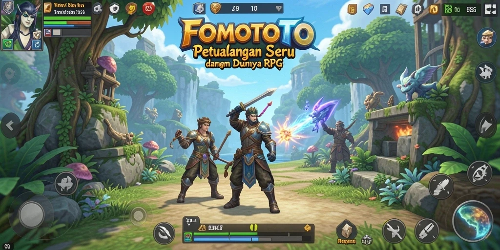 Tangkapan layar gameplay FOMOTOTO yang menampilkan aksi pertarungan RPG.