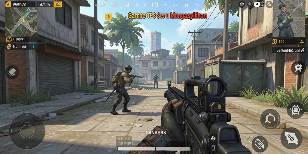 Screenshot utama GANAS33 menampilkan aksi seru dalam gameplay TPS.