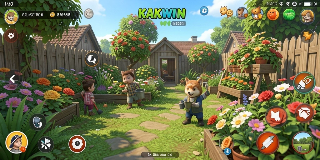 Tangkapan layar KAKWIN menampilkan kebun yang subur dan aktif dalam gameplay Farming.