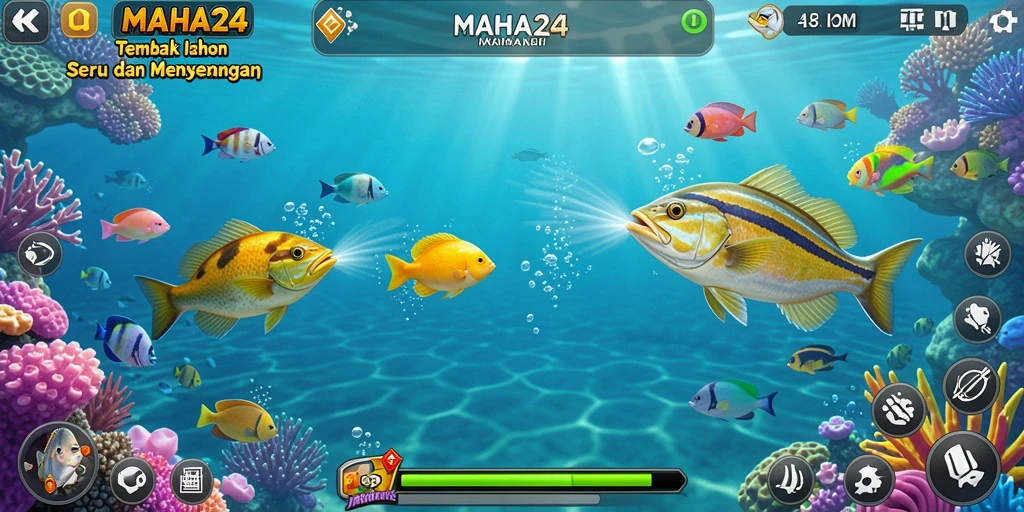 Tampilan gameplay MAHA24 dengan aksi menembak ikan yang seru.