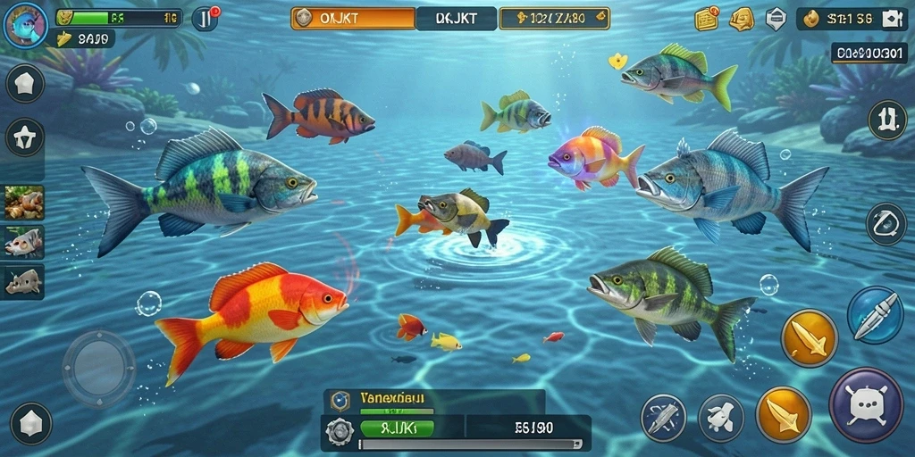 Screenshot gameplay OKJKT yang menunjukkan aksi menangkap ikan yang seru.