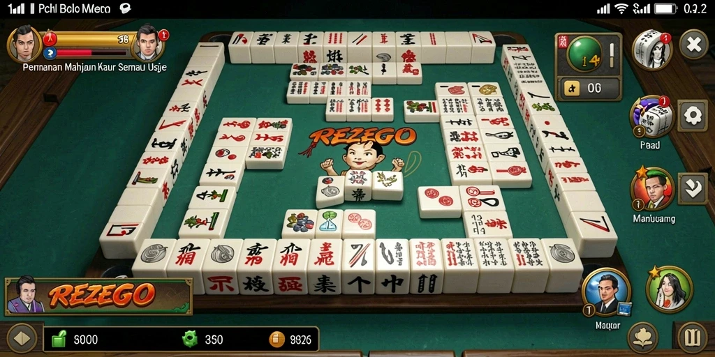 Tampilan gameplay menarik dari REZEGO dengan ubin Mahjong yang berwarna-warni.