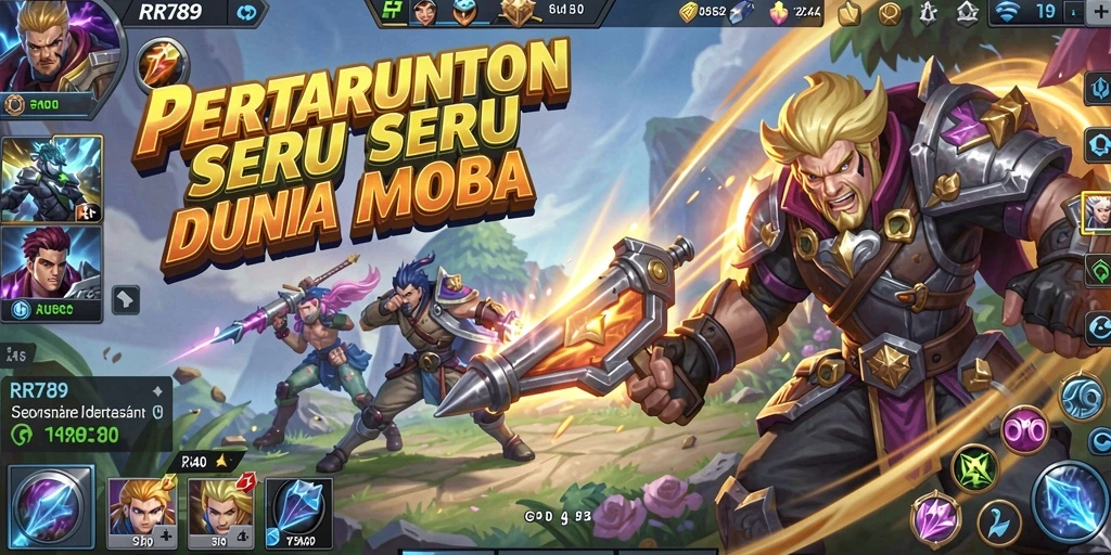Screenshot gameplay RR789 menampilkan aksi pertarungan tim MOBA.