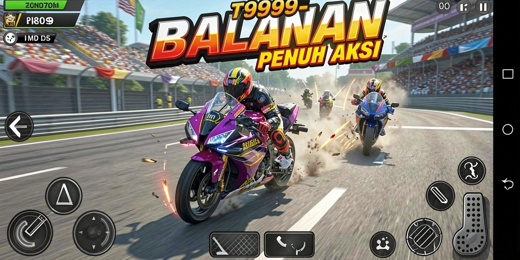 Gameplay seru T9999 dengan balapan motor yang mendebarkan.