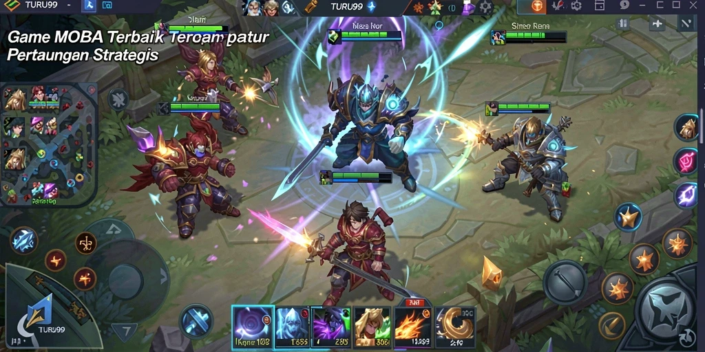 Screenshot TURU99 menampilkan pertarungan epik di arena MOBA.